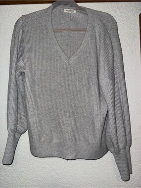 Workshop Republic Clothing Light Gray V-Neck Ribbed Balloon Sleeve Sweater
